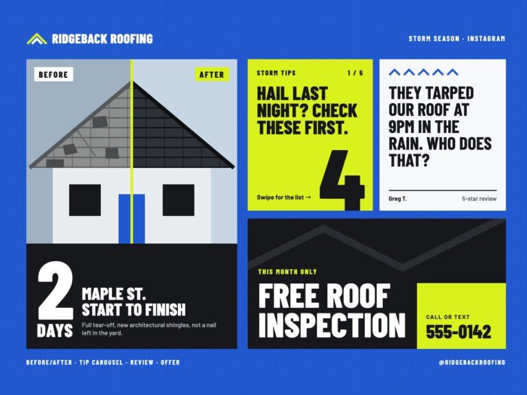 Concept: Ridgeback Roofing, storm-season posts for a roofer