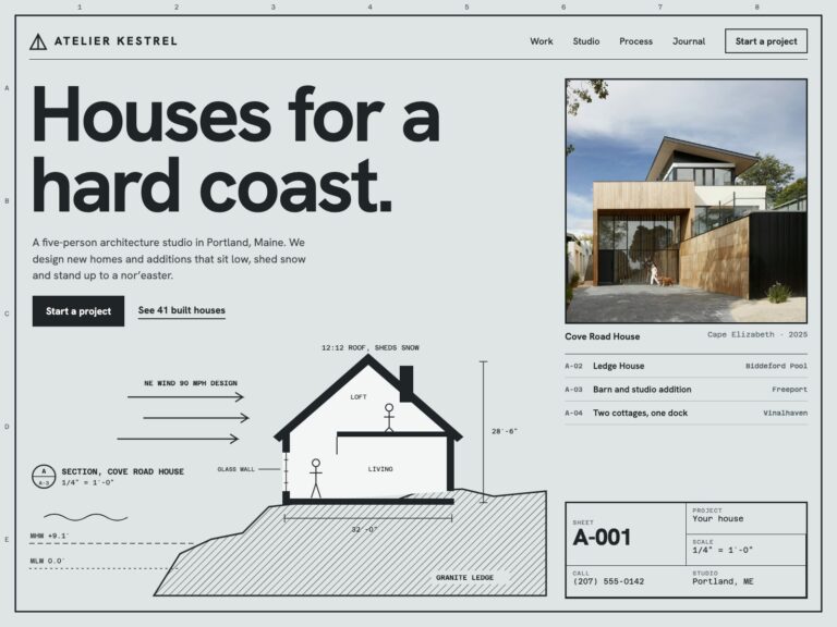 Concept: Atelier Kestrel, drawing-sheet site for coastal architects
