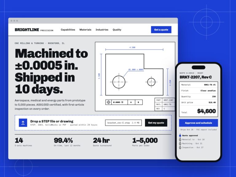 Concept: Brightline Precision, quote-driven site for a cnc shop