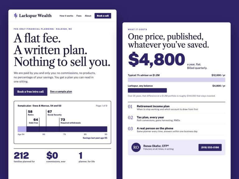 Concept: Larkspur Wealth, flat-fee site for a financial planner