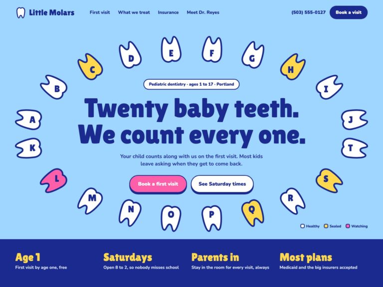 Concept: Little Molars Pediatric Dentistry, tooth-chart homepage for a kids' dentist