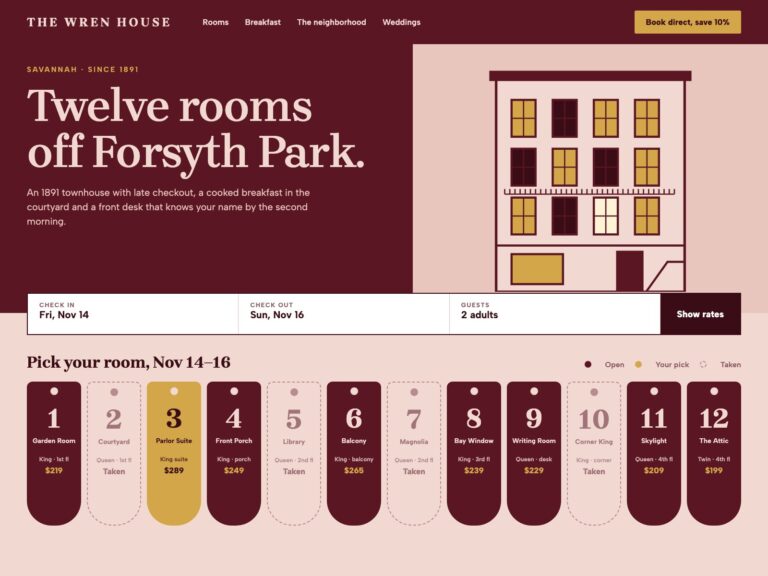 Concept: The Wren House, book-direct site for a twelve-room inn